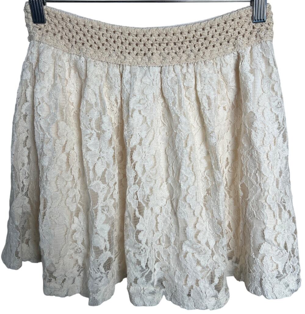 Y2K Deb Lace Tan Skirt Small Elastic Waist Knit Detail